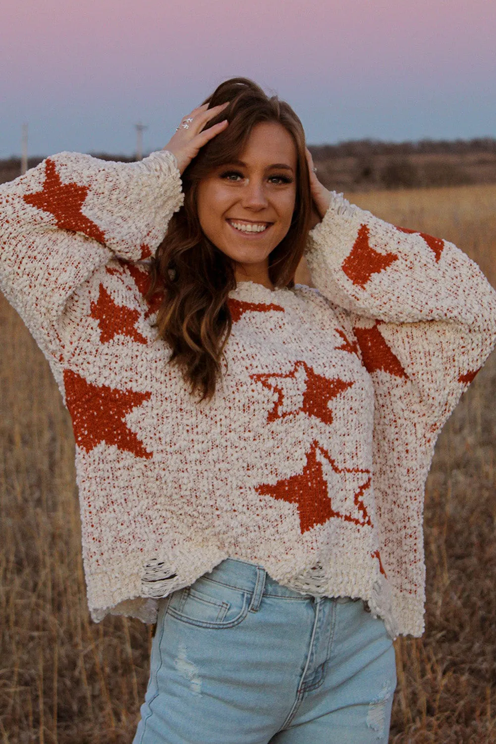 Oatmeal Fuzzy Star Knitted Loose Ripped Sweater