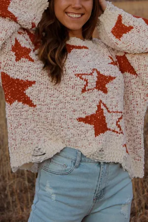 Oatmeal Fuzzy Star Knitted Loose Ripped Sweater