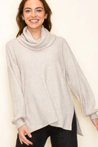 Oatmeal Slouchy Cowl Neck Waffle Top