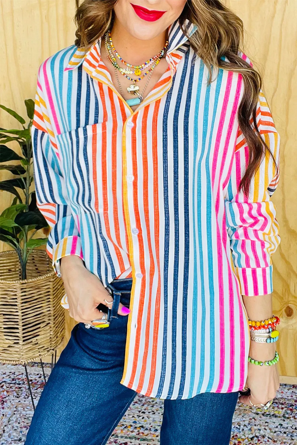 Orange Stripe Colorful Patch Pocket Long Sleeve Shirt