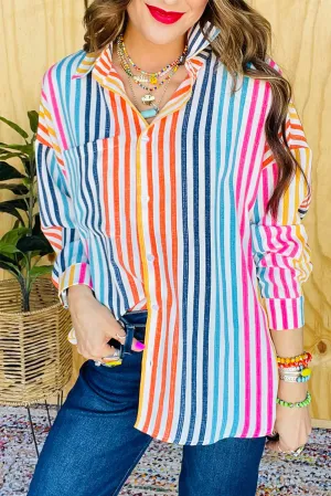 Orange Stripe Colorful Patch Pocket Long Sleeve Shirt