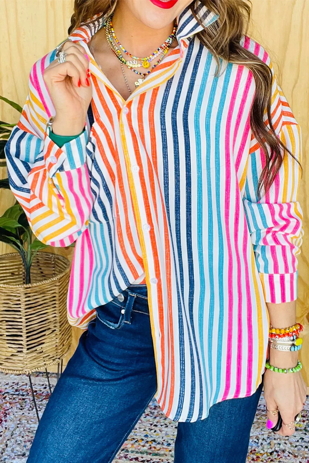 Orange Stripe Colorful Patch Pocket Long Sleeve Shirt