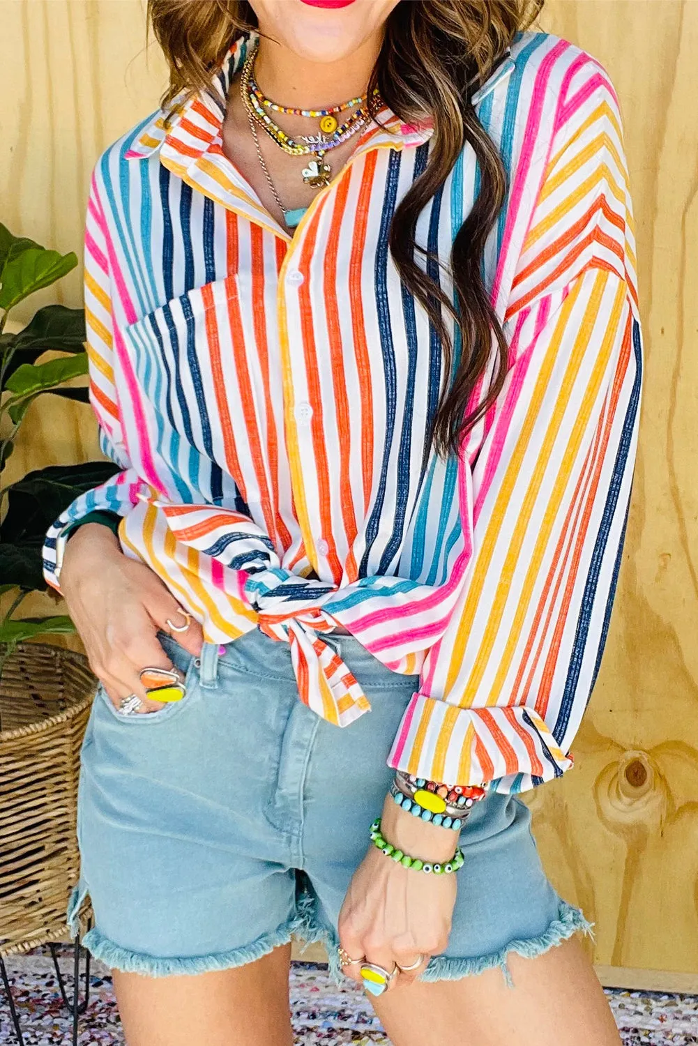 Orange Stripe Colorful Patch Pocket Long Sleeve Shirt