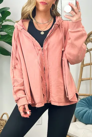 Pink Expose Seam Distressed Hooded Jacket