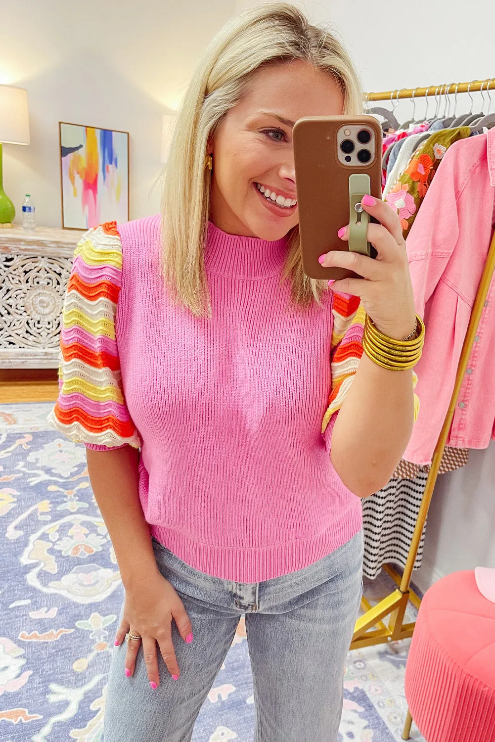 Pink Ribbed Knit Contrast Sleeve Sweater Top