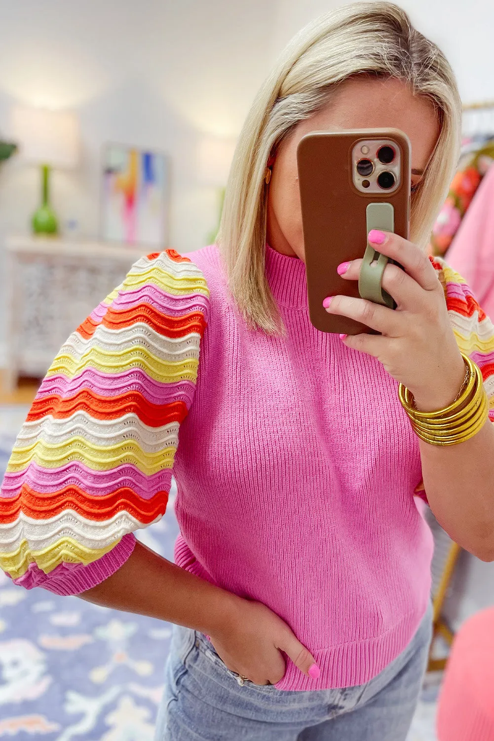 Pink Ribbed Knit Contrast Sleeve Sweater Top