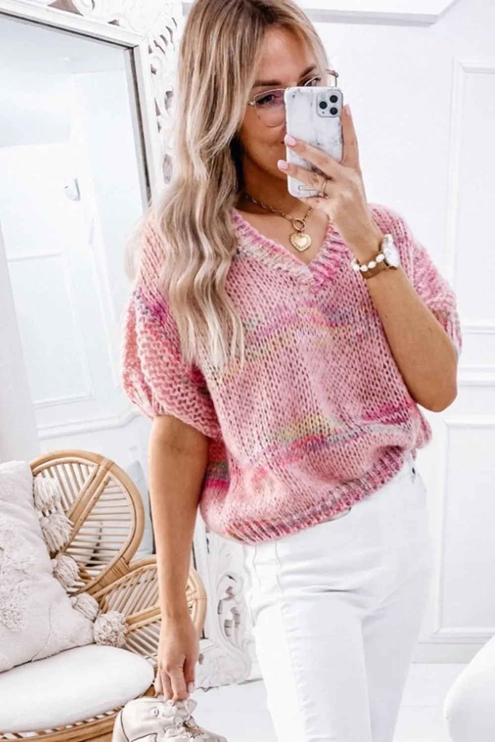 Pink Striped Color Block Loose Knit Sweater T Shirt