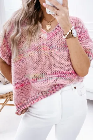 Pink Striped Color Block Loose Knit Sweater T Shirt