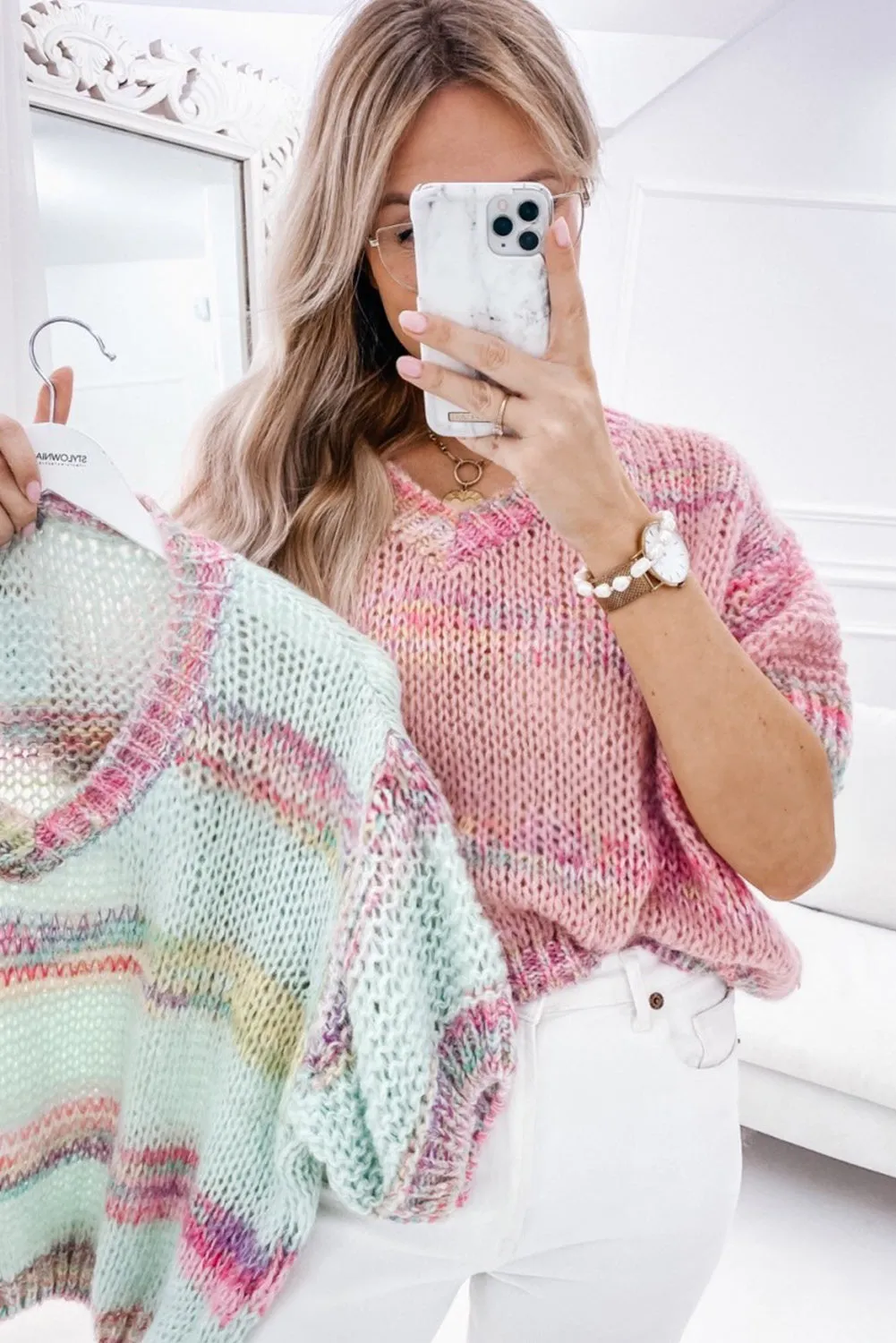 Pink Striped Color Block Loose Knit Sweater T Shirt