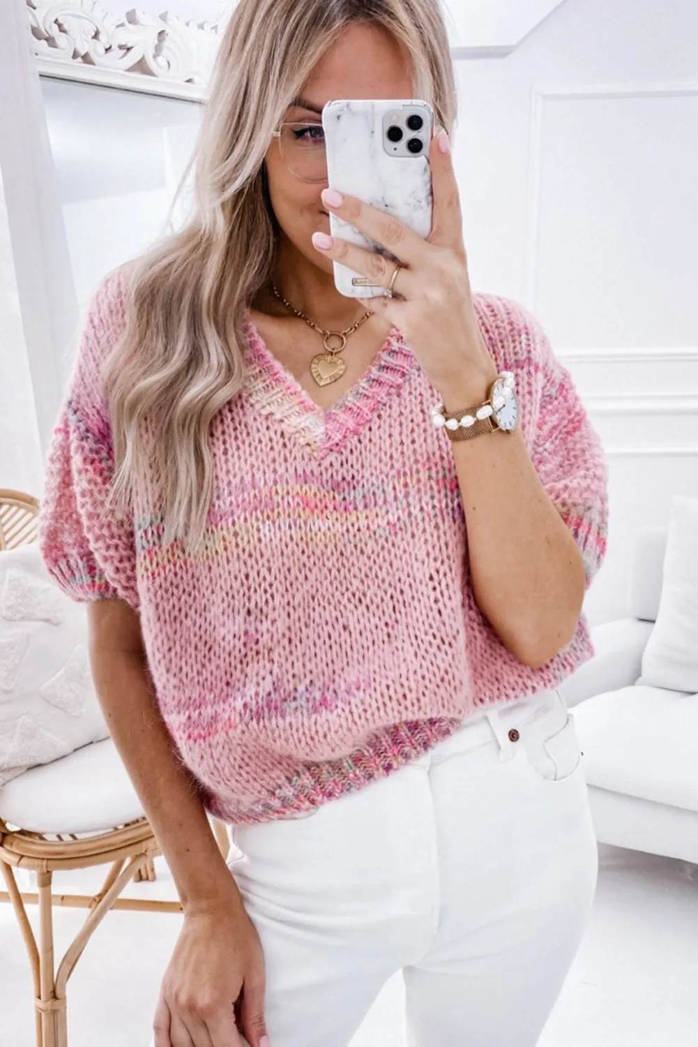 Pink Striped Color Block Loose Knit Sweater T Shirt