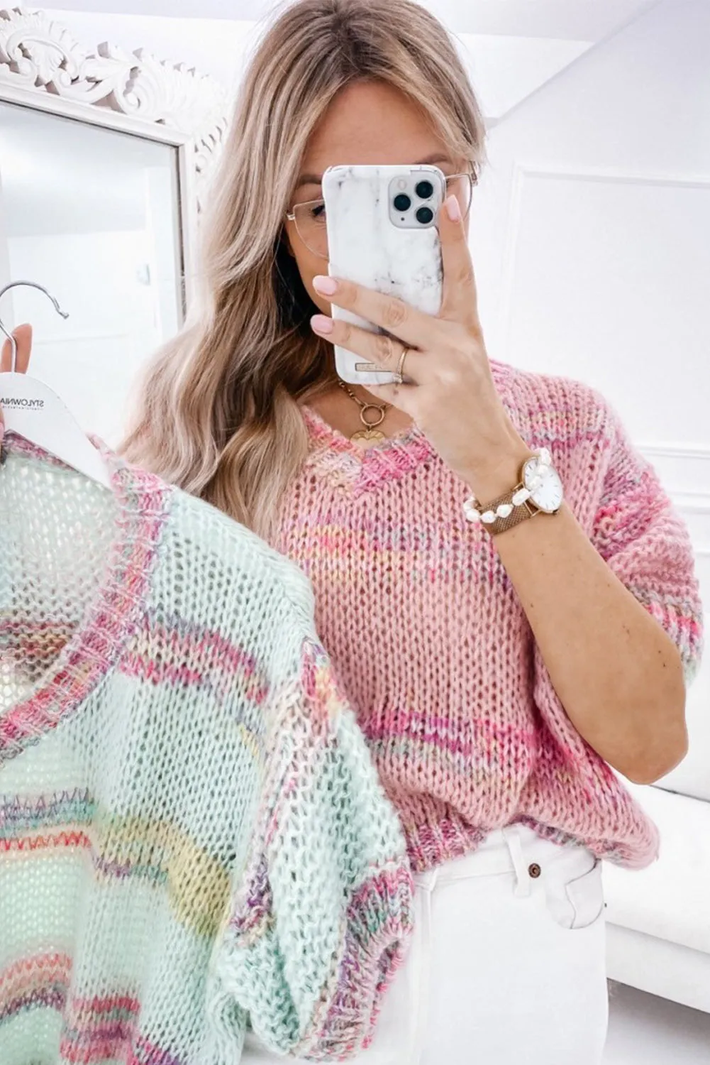 Pink Striped Color Block Loose Knit Sweater T Shirt
