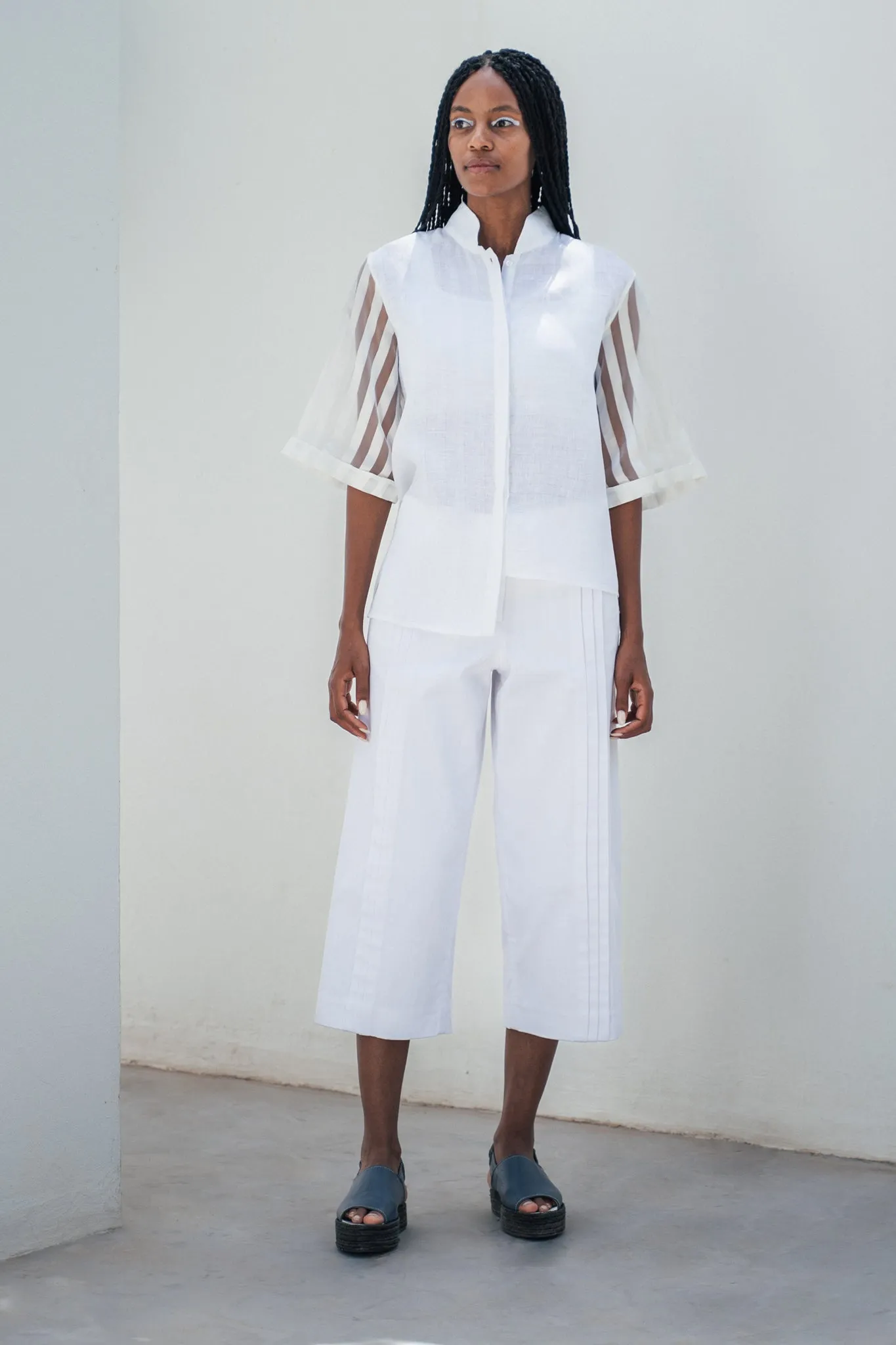Pleated denim culottes