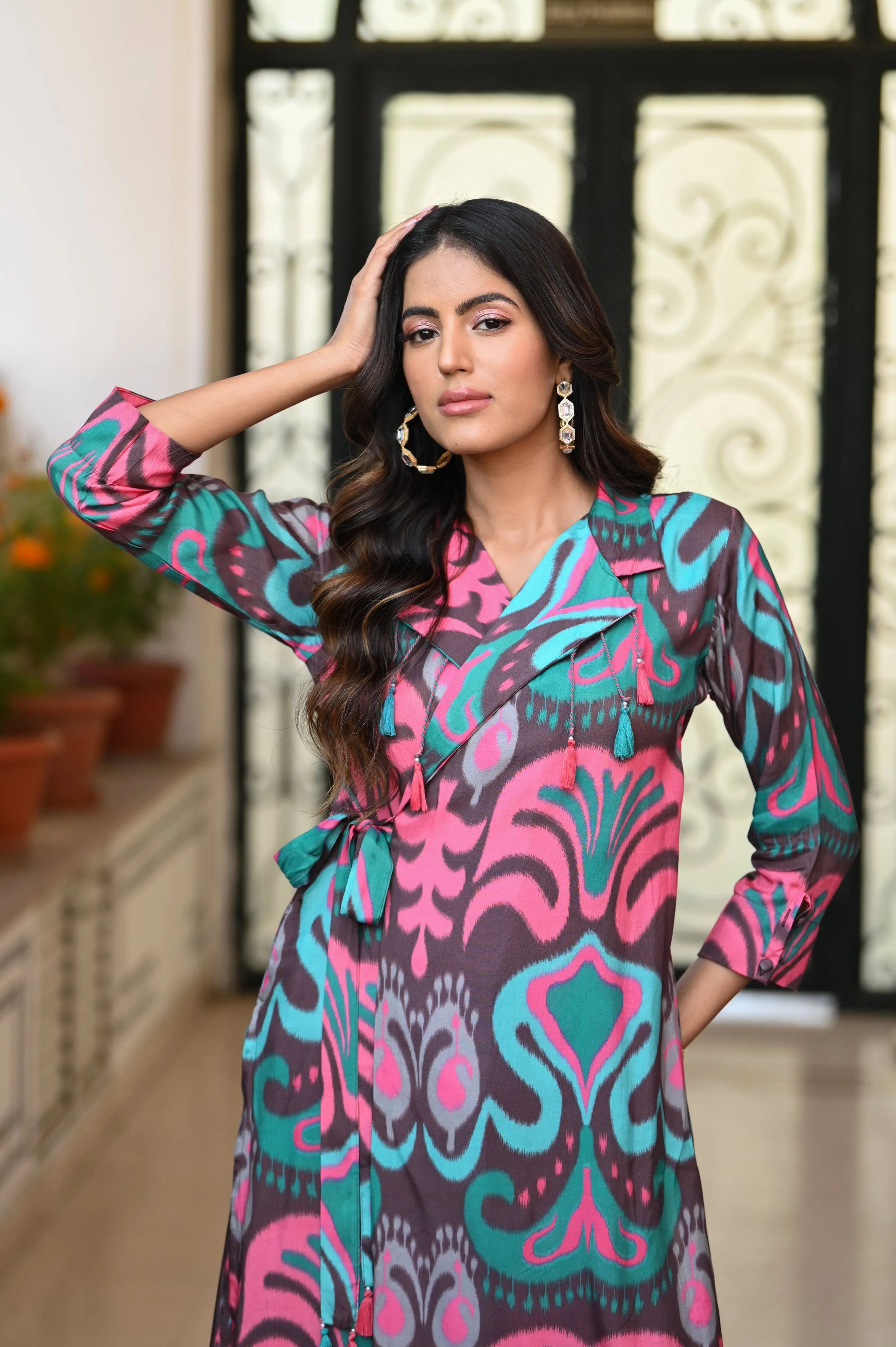 Pretty Pink Ikat Print Wrap Around Kurta with Flared Pants