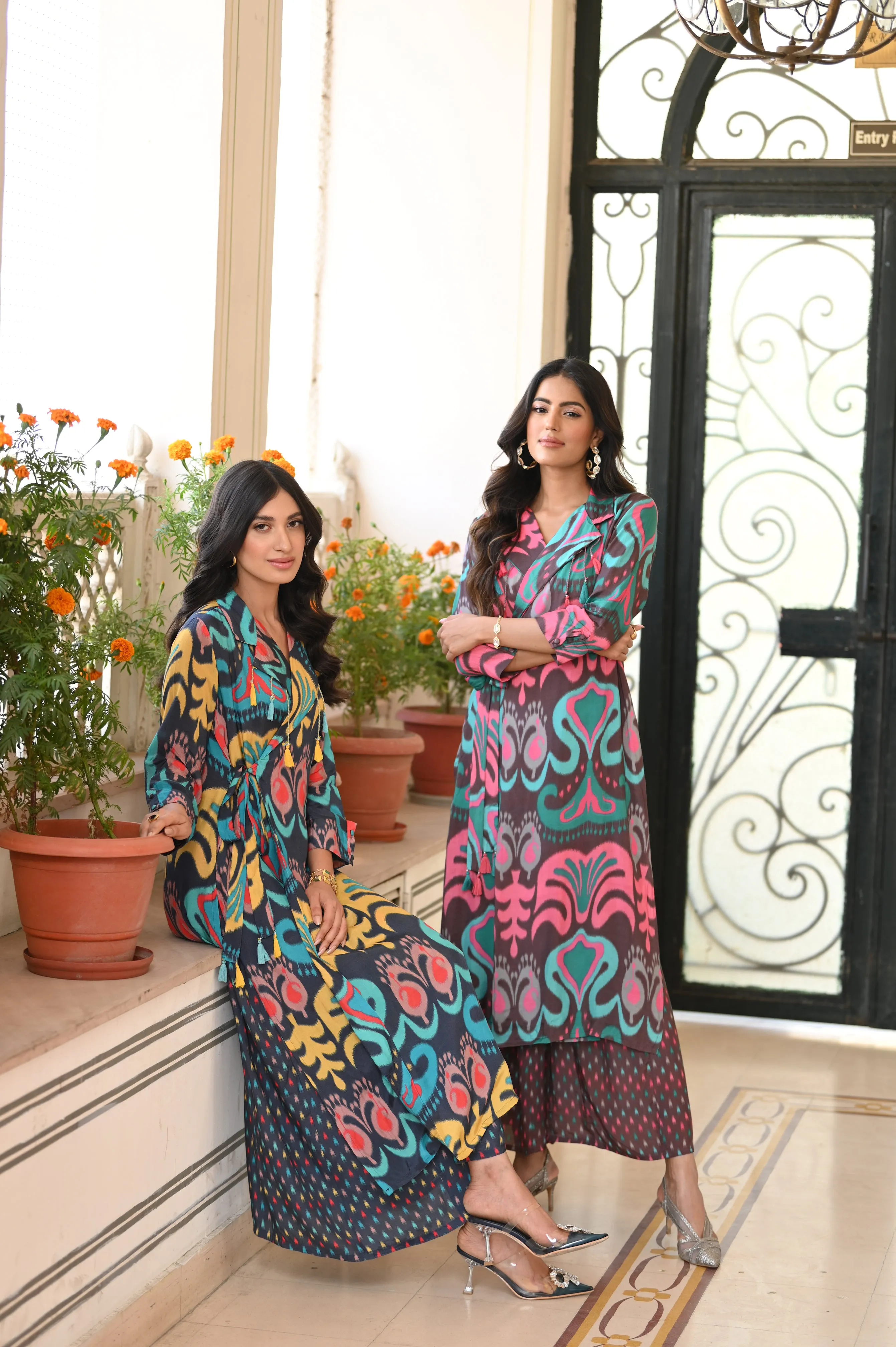 Pretty Pink Ikat Print Wrap Around Kurta with Flared Pants