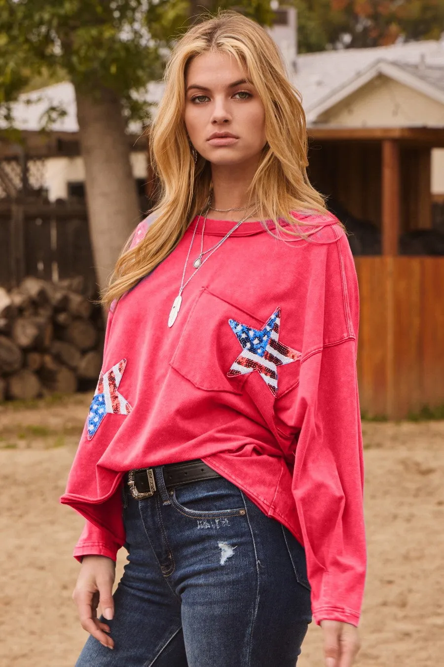 Red Flag Star Sequin Patch Top Slouchy Sleeve