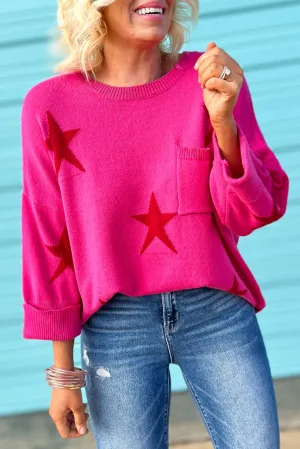 Rose Red Red Star Accent Round Neck Loose Sweater