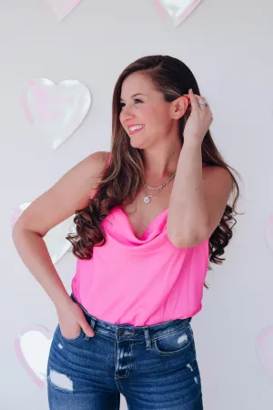 Sasha Satin Cowl Neck Bodysuit - Pink