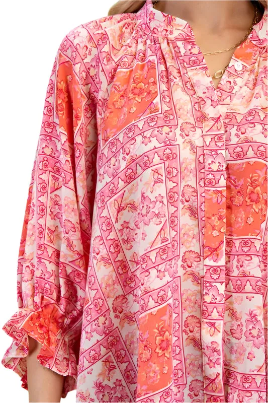 Scarf Print Loose Balloon Sleeve Blouse