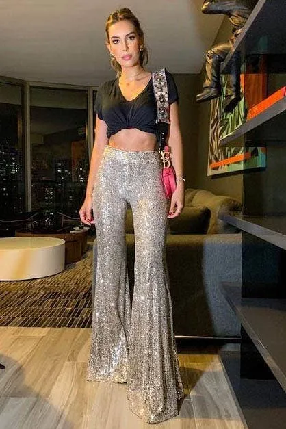 SEQUINS FLARED LEG PANTS