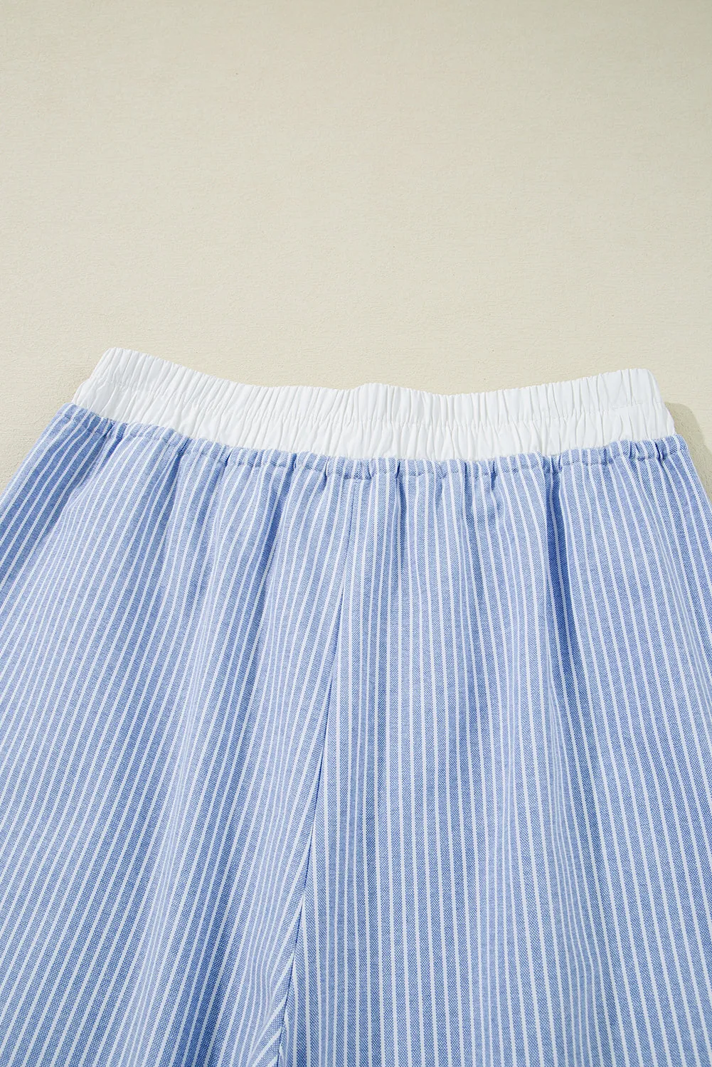 Sky Blue Stripe Wide Leg Buttoned Lace up Elastic High Waist Pants