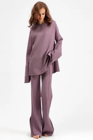 Slit Round Neck Long Sleeve Top and Drawstring Pants Sweater Set