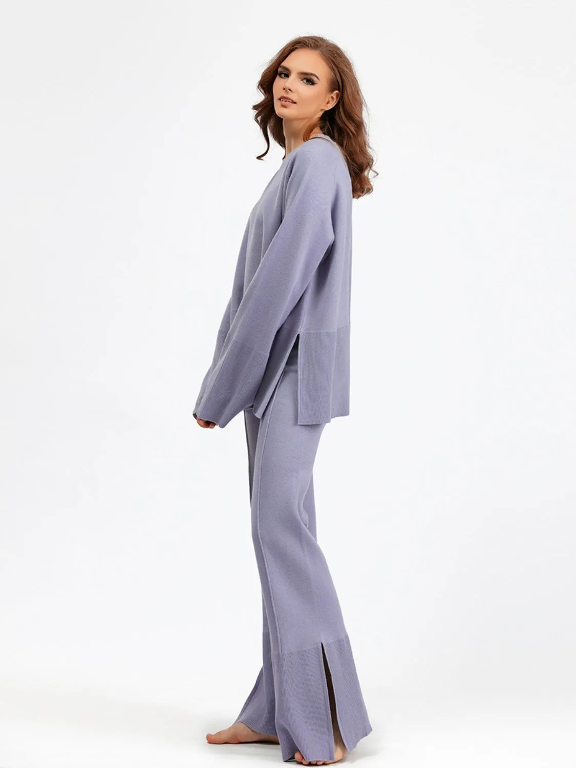 Slit Round Neck Long Sleeve Top and Drawstring Pants Sweater Set
