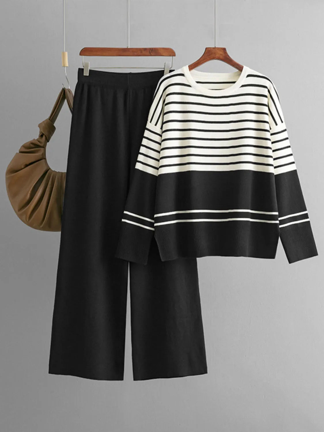Striped Round Neck Long Sleeve Top and Pants Sweater Set