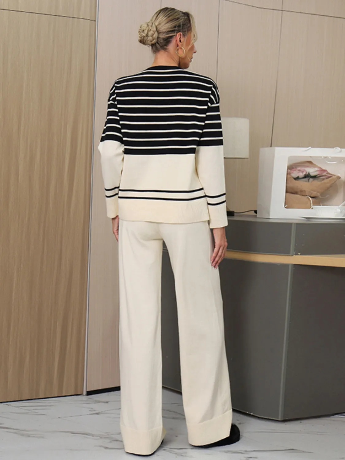 Striped Round Neck Long Sleeve Top and Pants Sweater Set