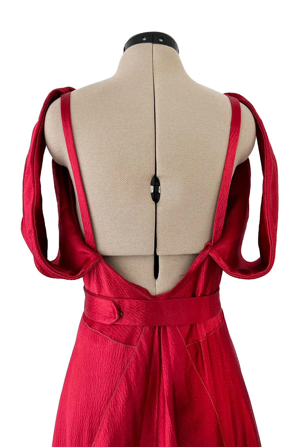 Stunning 1930s Hammered Silk Satin Deep Red Dress w Low Back & Unusual Sleeves