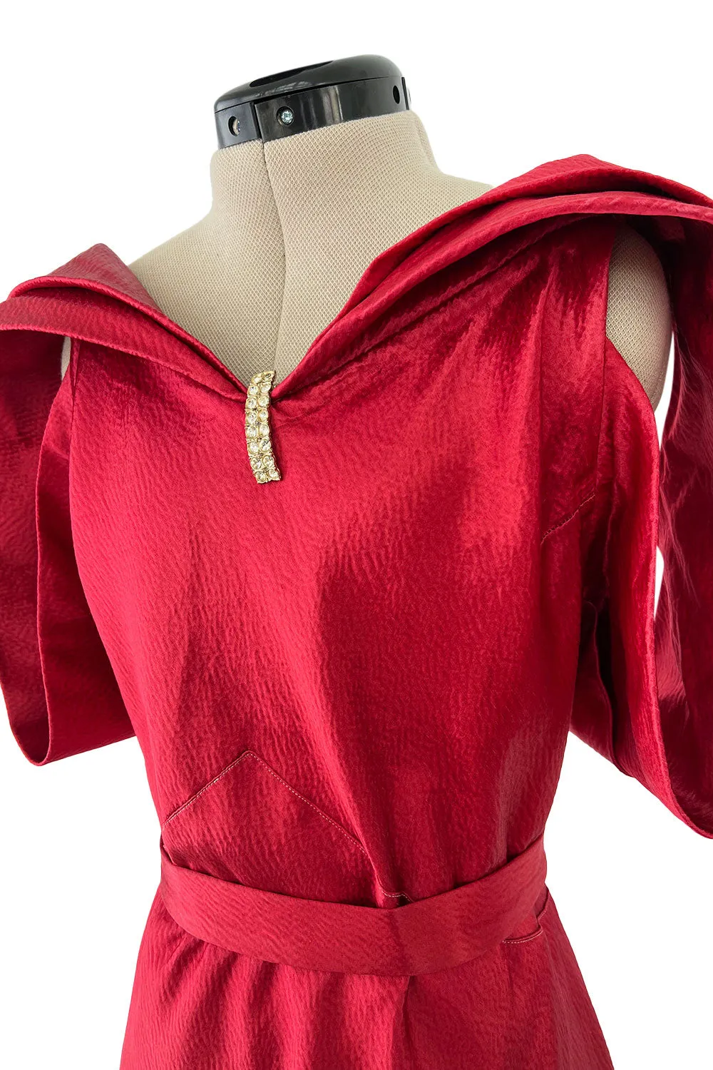 Stunning 1930s Hammered Silk Satin Deep Red Dress w Low Back & Unusual Sleeves
