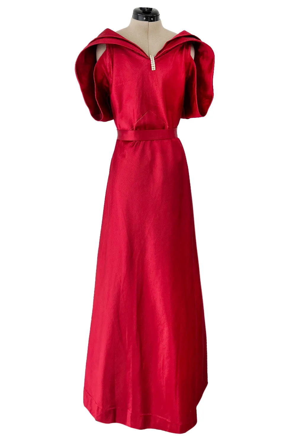 Stunning 1930s Hammered Silk Satin Deep Red Dress w Low Back & Unusual Sleeves