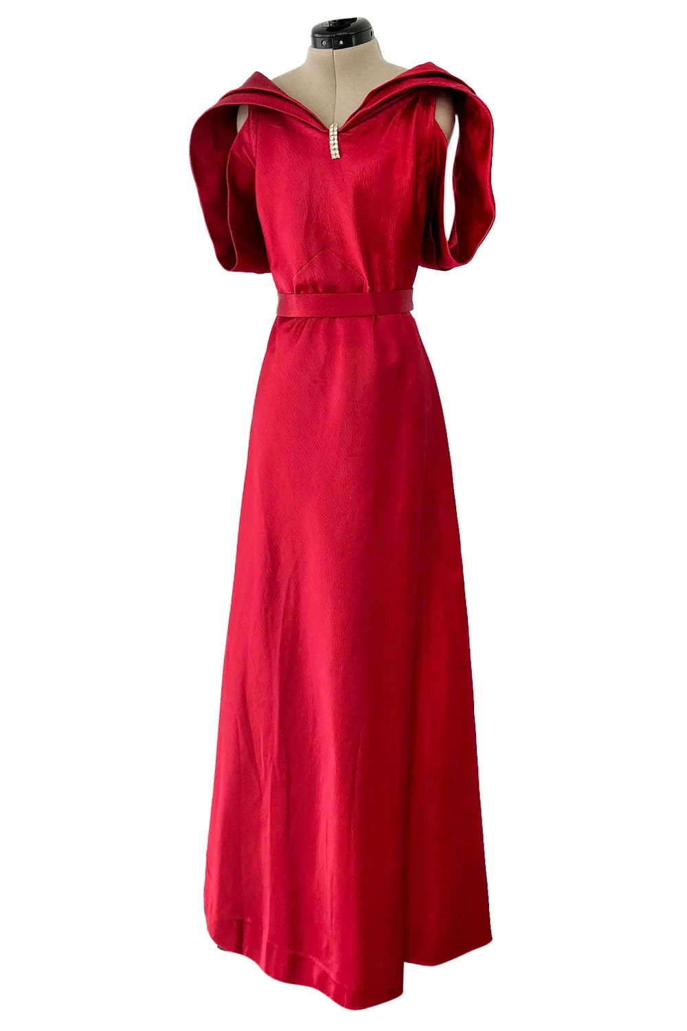 Stunning 1930s Hammered Silk Satin Deep Red Dress w Low Back & Unusual Sleeves