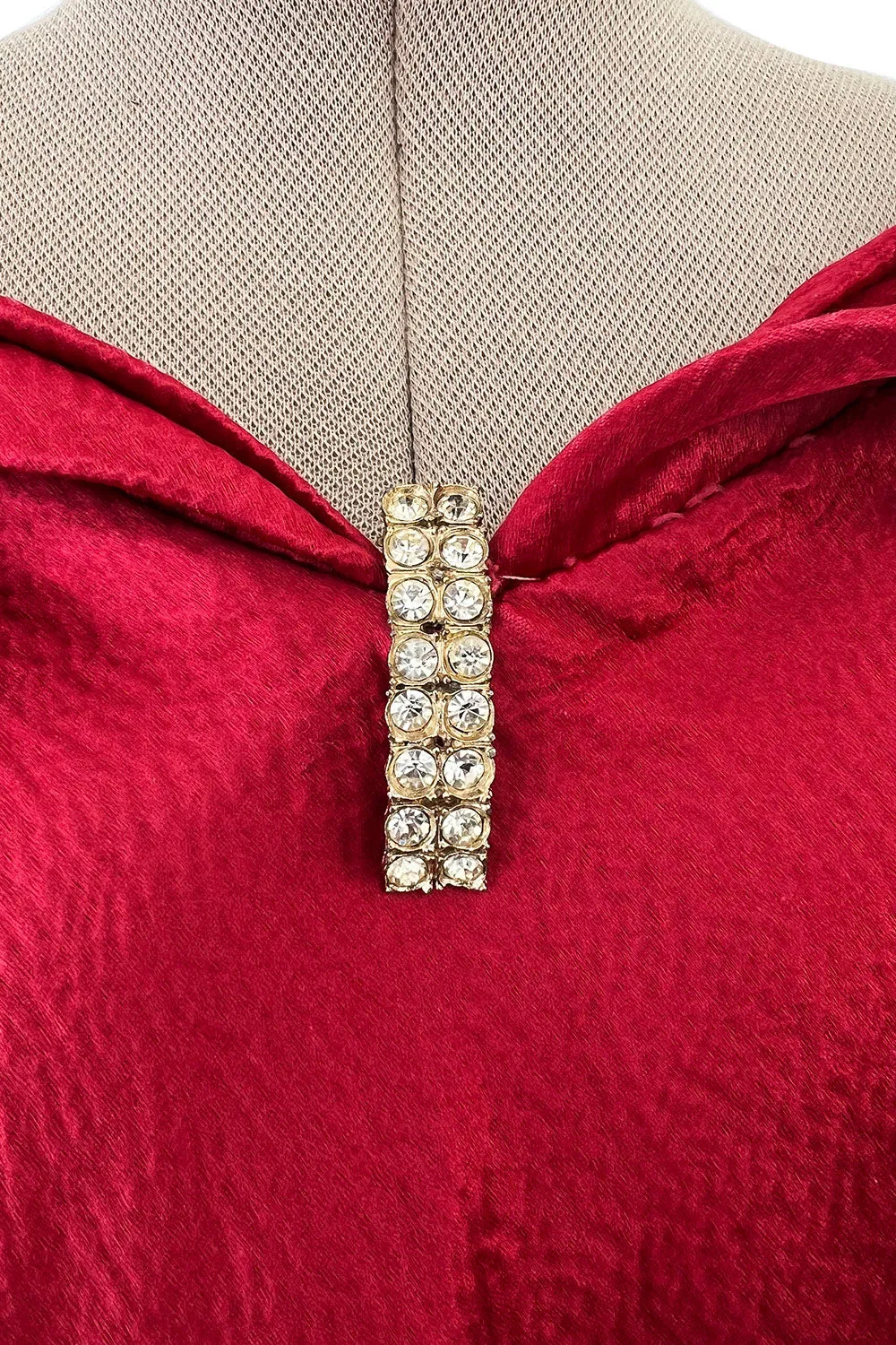 Stunning 1930s Hammered Silk Satin Deep Red Dress w Low Back & Unusual Sleeves