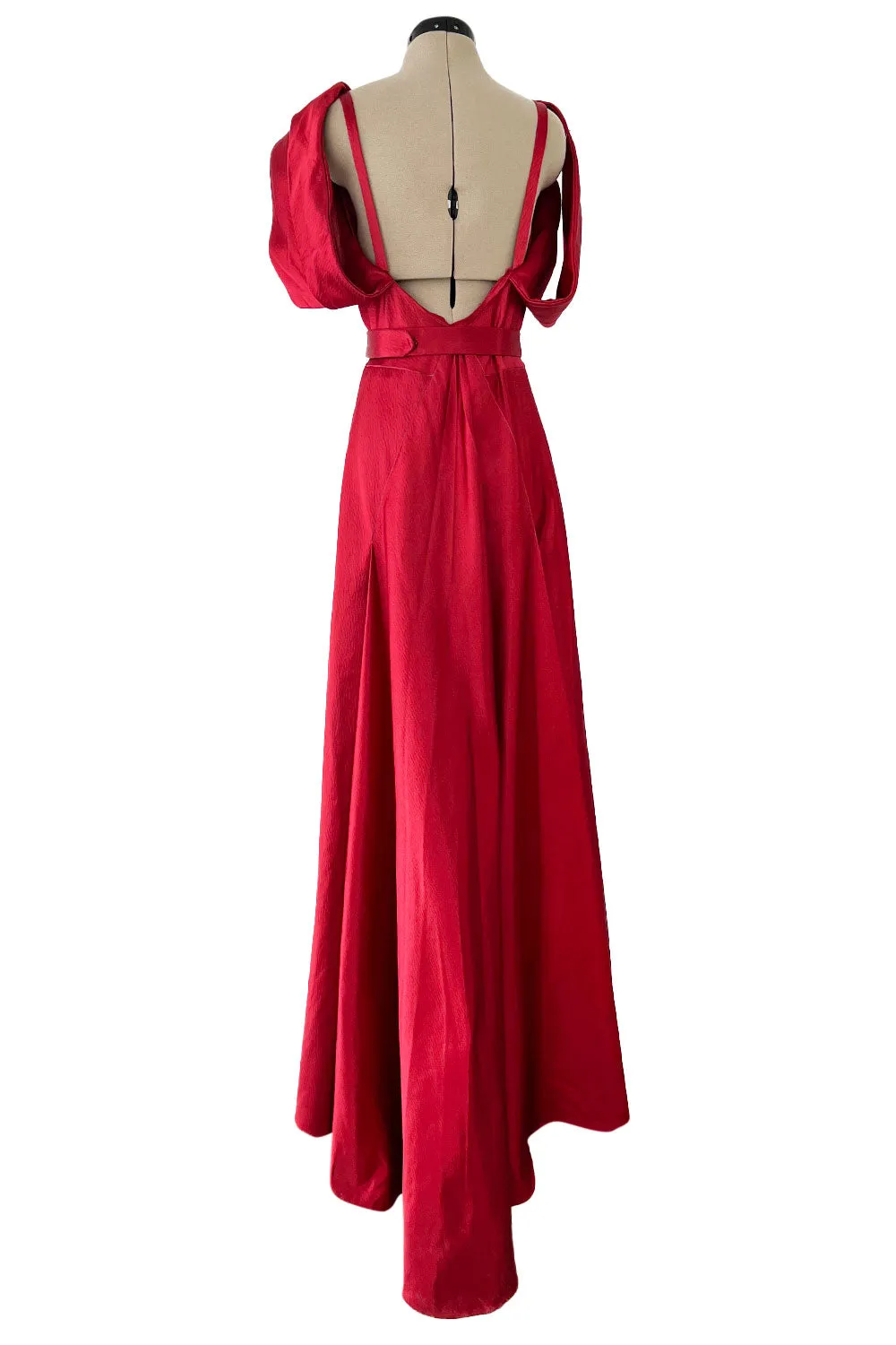 Stunning 1930s Hammered Silk Satin Deep Red Dress w Low Back & Unusual Sleeves