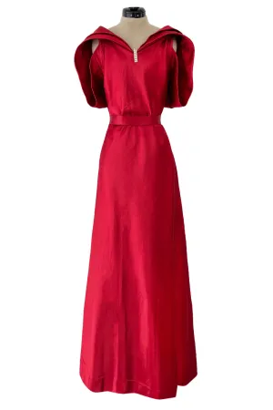 Stunning 1930s Hammered Silk Satin Deep Red Dress w Low Back & Unusual Sleeves