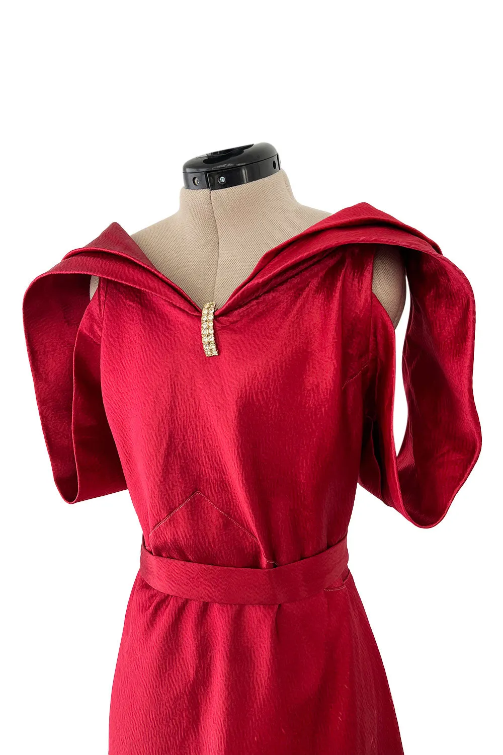 Stunning 1930s Hammered Silk Satin Deep Red Dress w Low Back & Unusual Sleeves