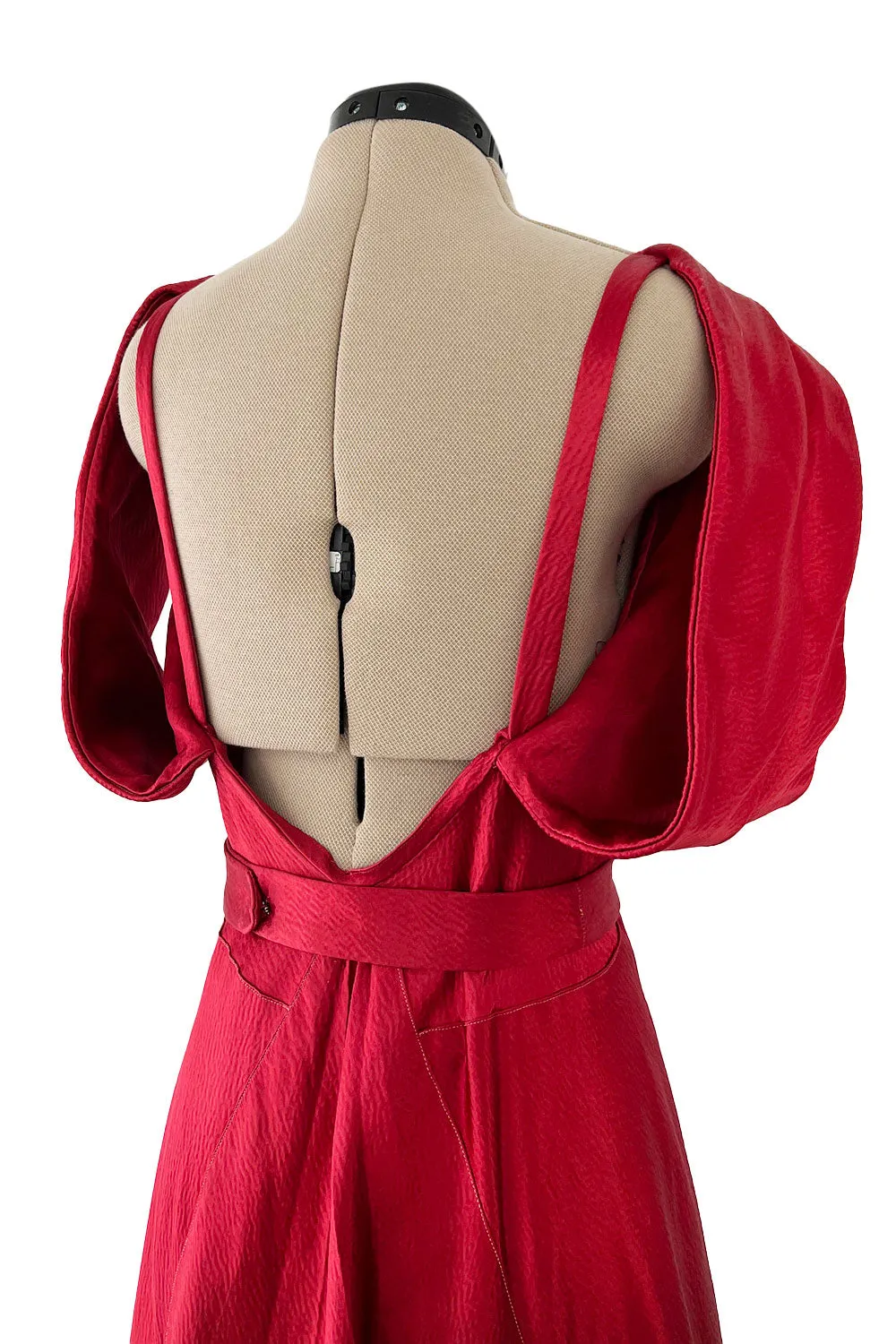 Stunning 1930s Hammered Silk Satin Deep Red Dress w Low Back & Unusual Sleeves