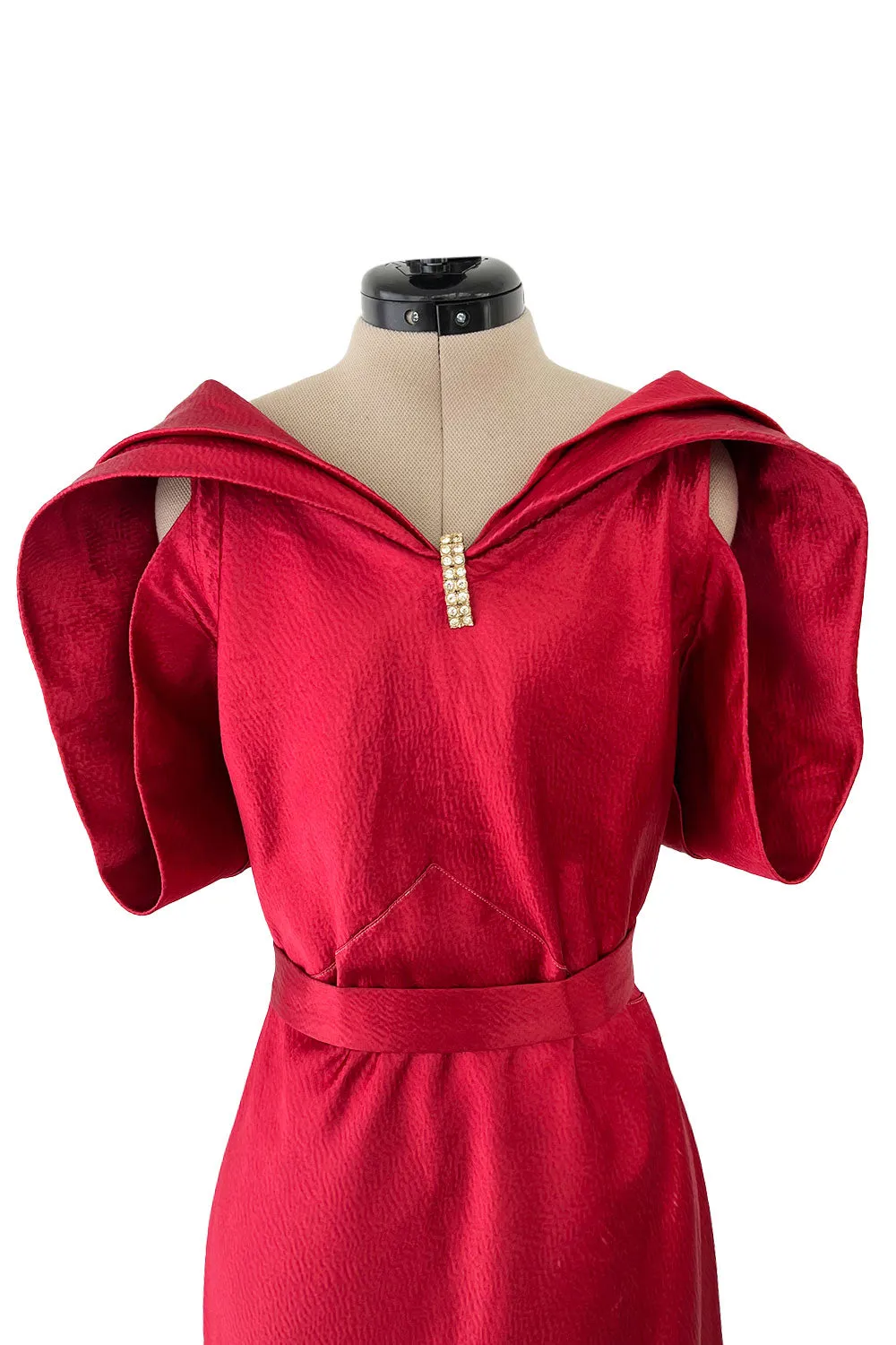 Stunning 1930s Hammered Silk Satin Deep Red Dress w Low Back & Unusual Sleeves