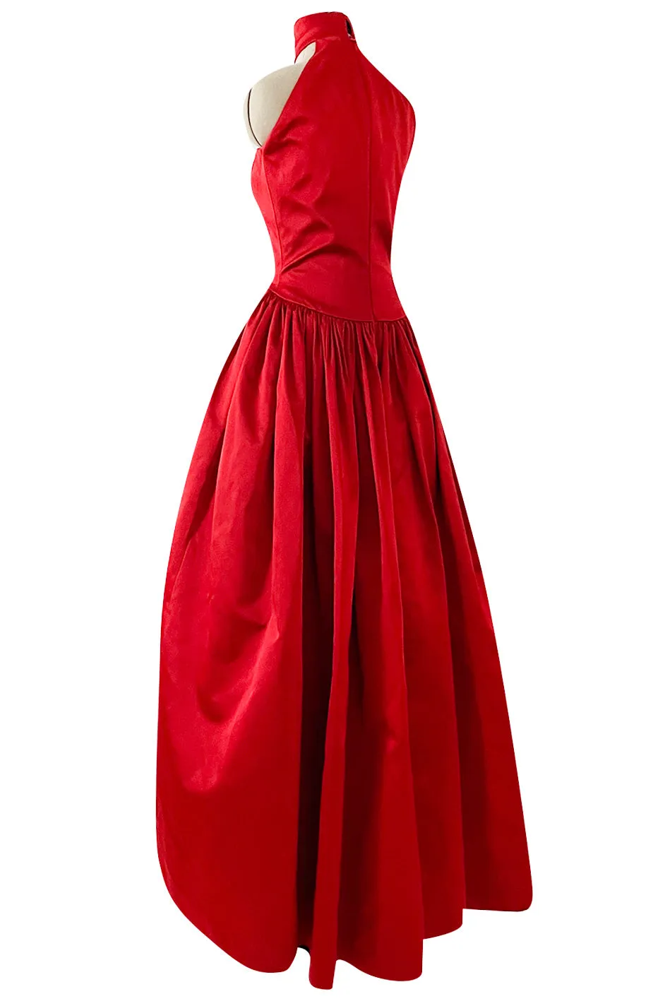 Stunning 1980s Saks Fifth Avenue Red Silk Satin Dress w Unusual Attached Collar Detail