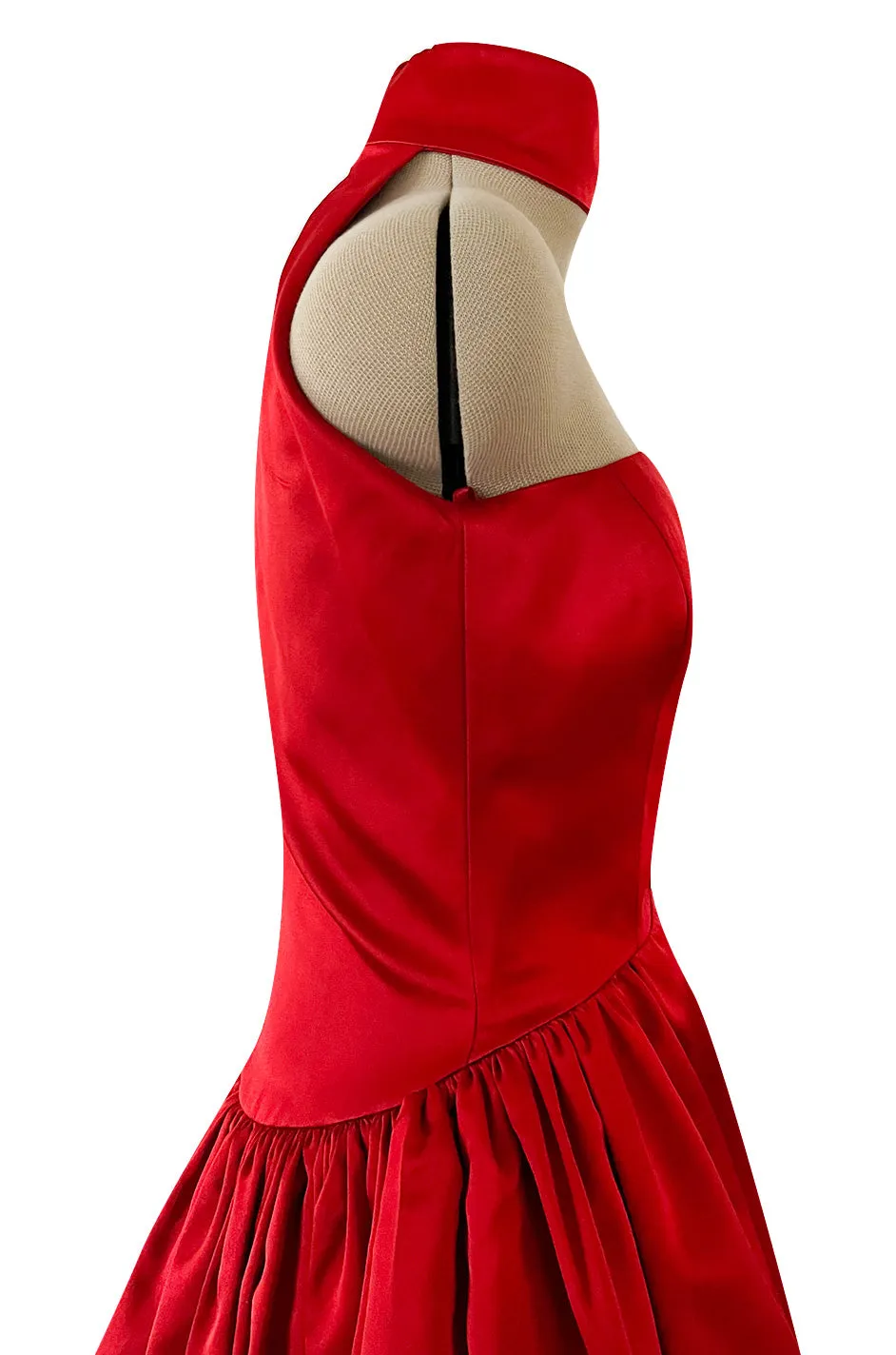Stunning 1980s Saks Fifth Avenue Red Silk Satin Dress w Unusual Attached Collar Detail