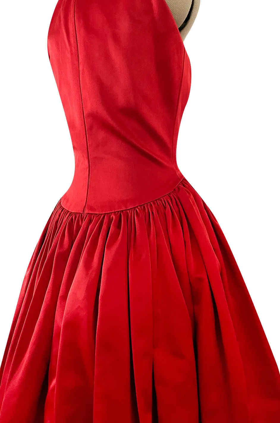 Stunning 1980s Saks Fifth Avenue Red Silk Satin Dress w Unusual Attached Collar Detail