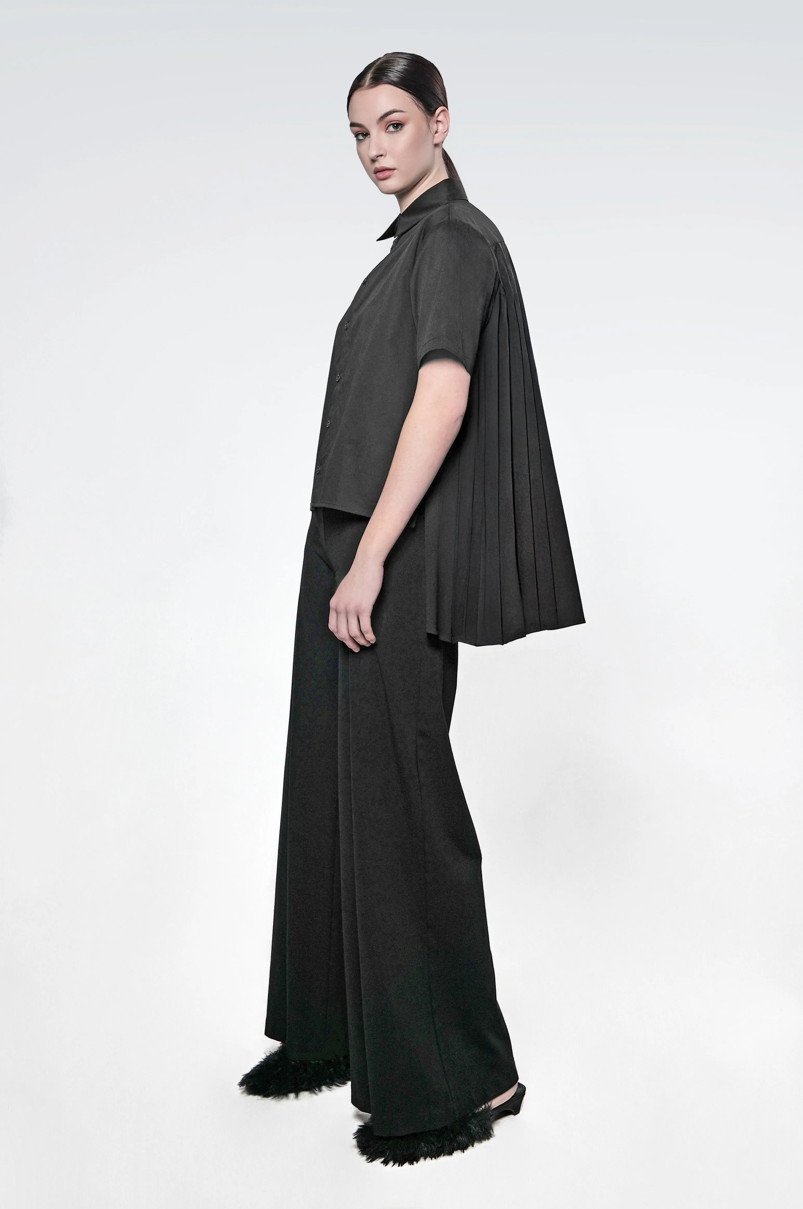The Pleated Back Button Down Shirt in Black