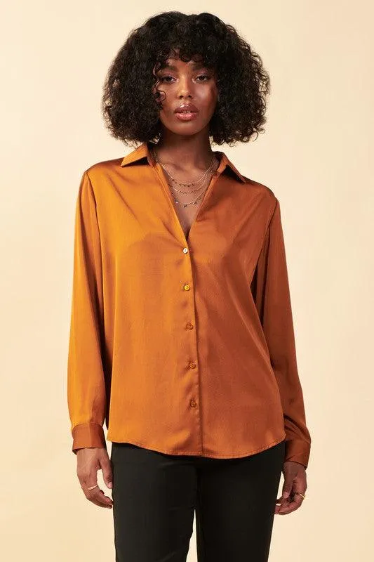 Toffee Satin Button Down Shirt