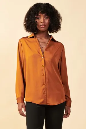 Toffee Satin Button Down Shirt
