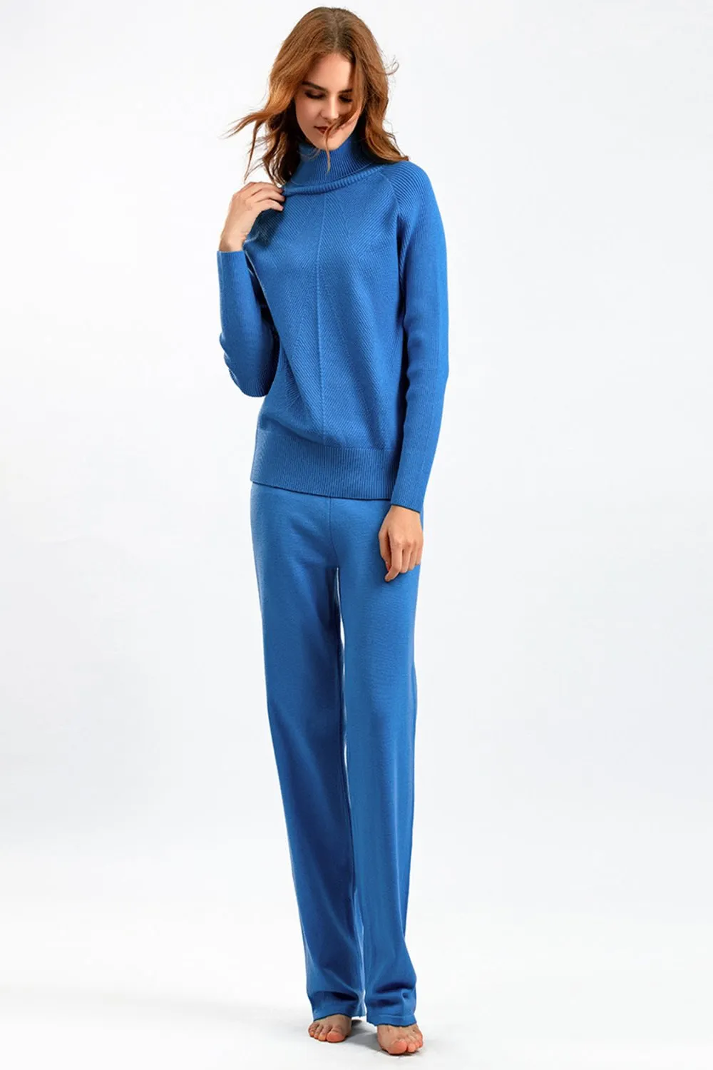 Turtleneck Raglan Sleeve Top and Pants Sweater Set