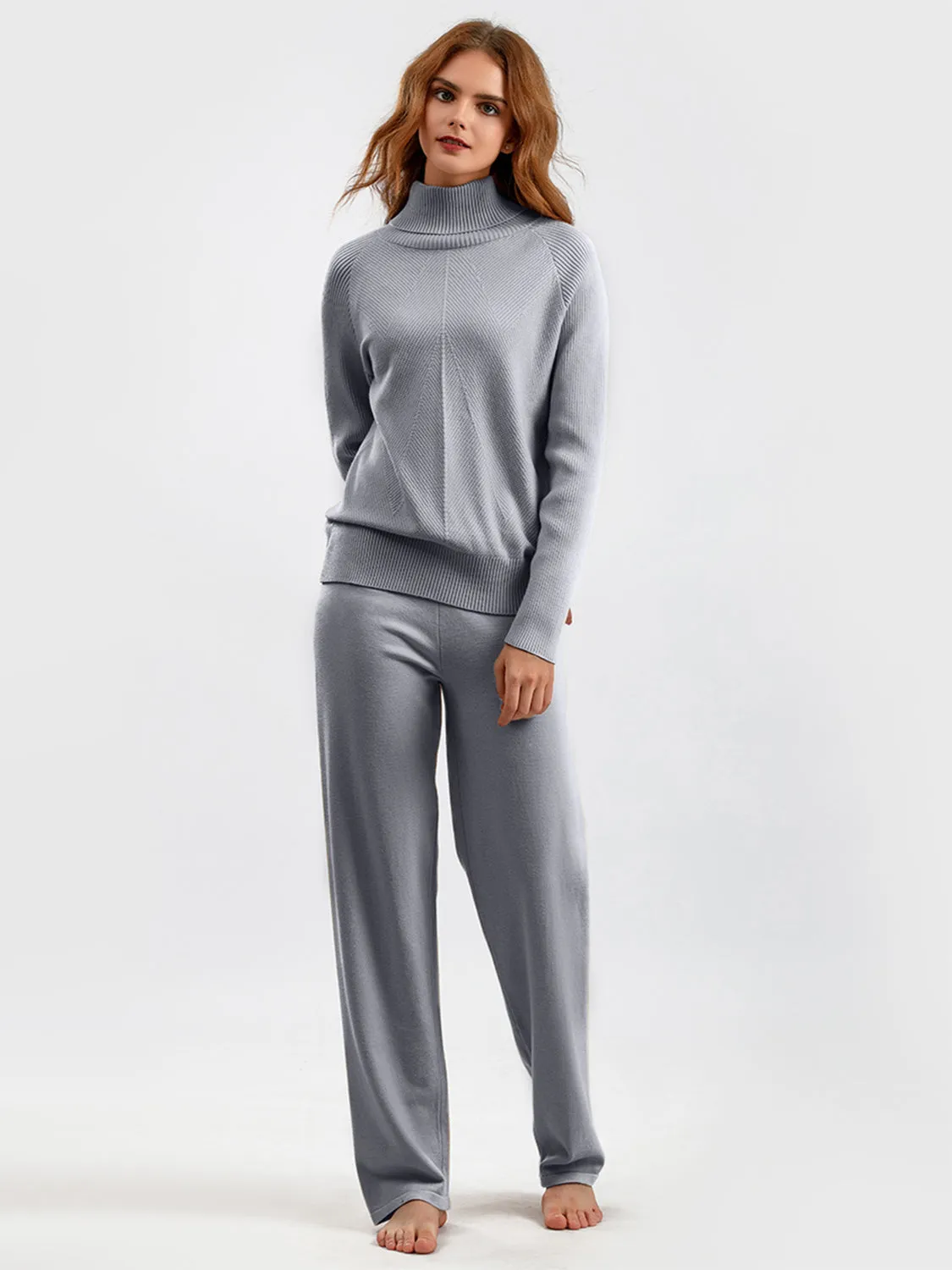 Turtleneck Raglan Sleeve Top and Pants Sweater Set