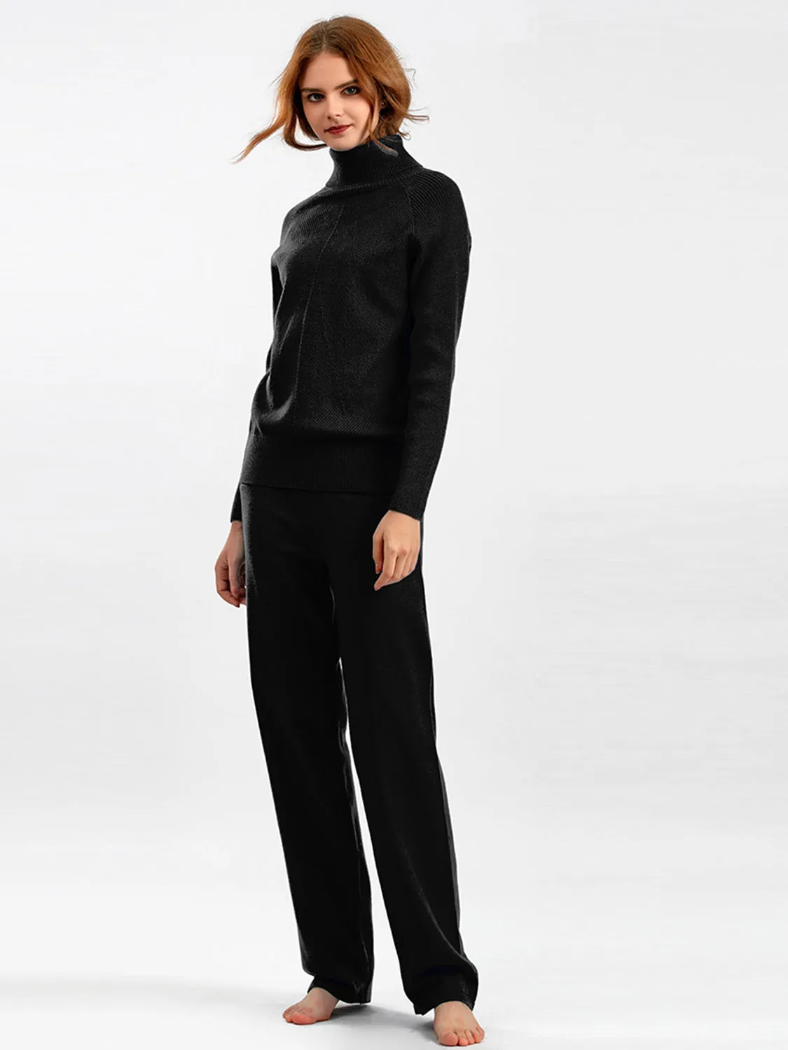 Turtleneck Raglan Sleeve Top and Pants Sweater Set