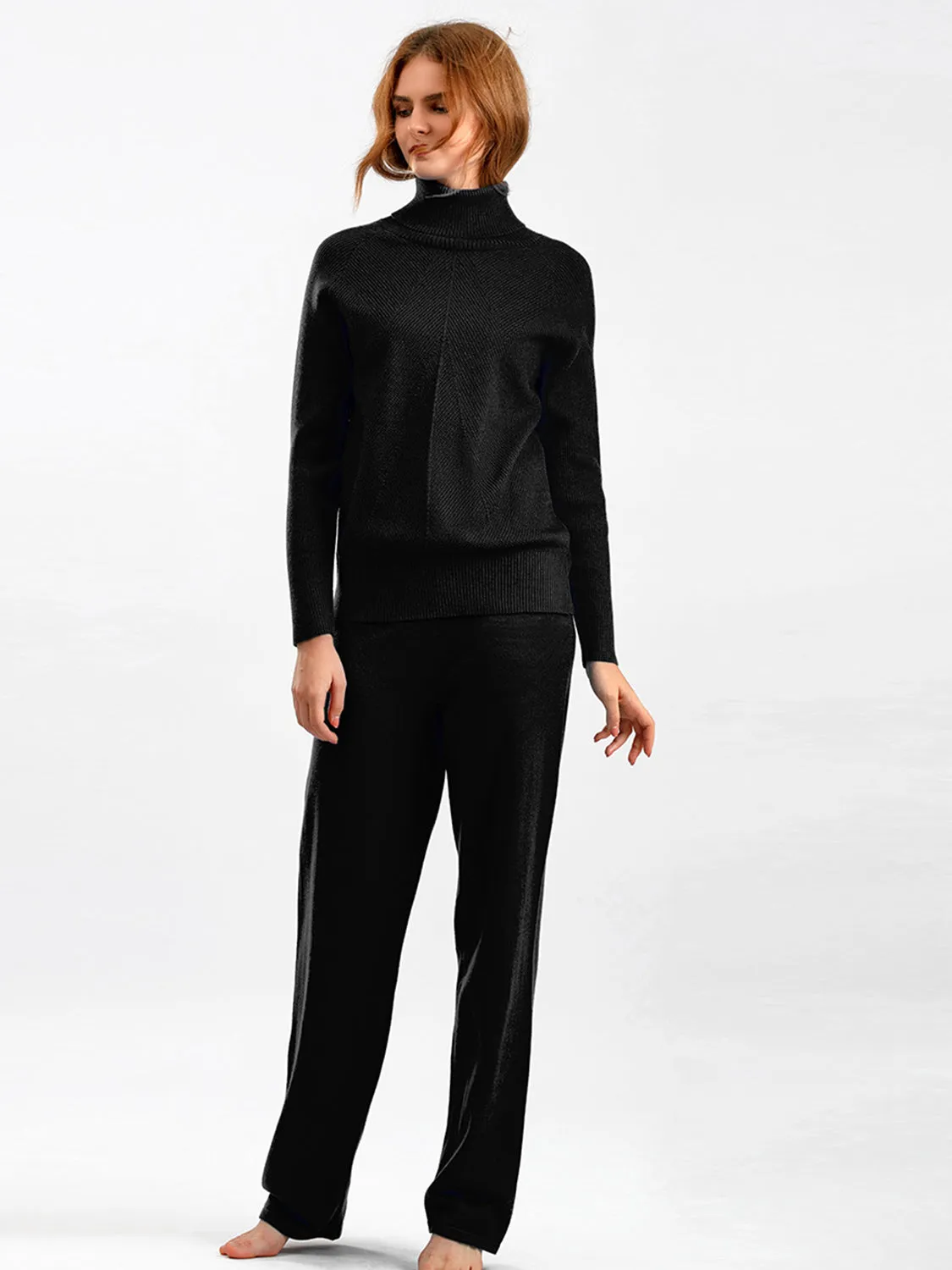 Turtleneck Raglan Sleeve Top and Pants Sweater Set