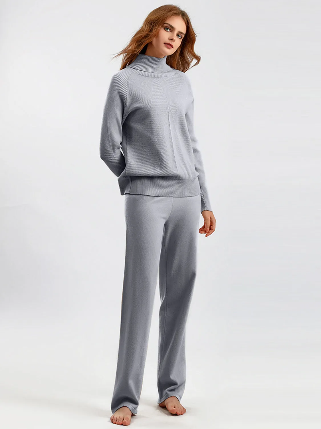 Turtleneck Raglan Sleeve Top and Pants Sweater Set