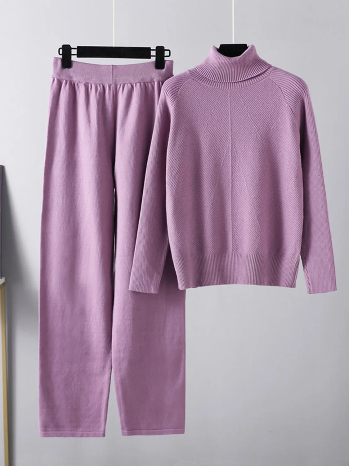 Turtleneck Raglan Sleeve Top and Pants Sweater Set